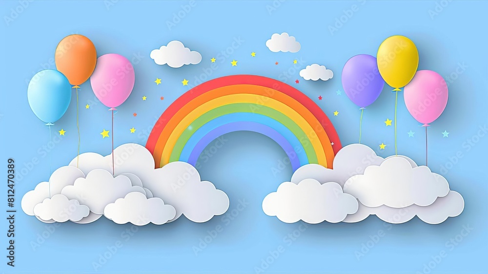 Illustrate a dreamy and fantastical landscape with a 3D rainbow arching over fluffy clouds, adorned with an assortment of bright, colorful balloons