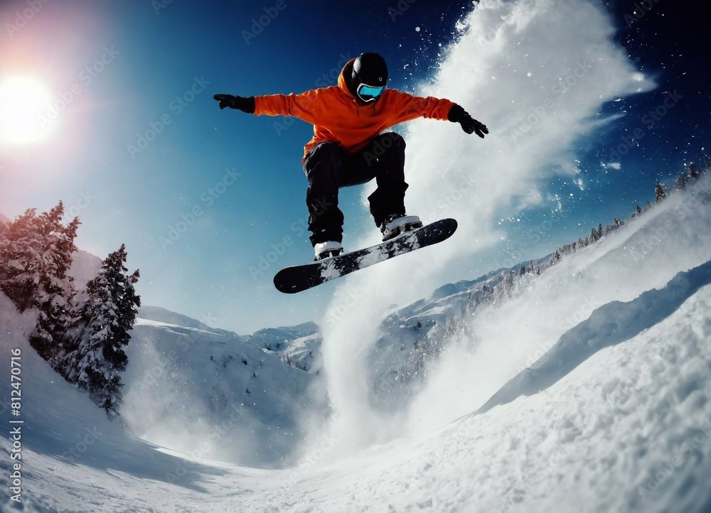 Snowboarder jumping in mountains at sunset. Extreme winter sport.