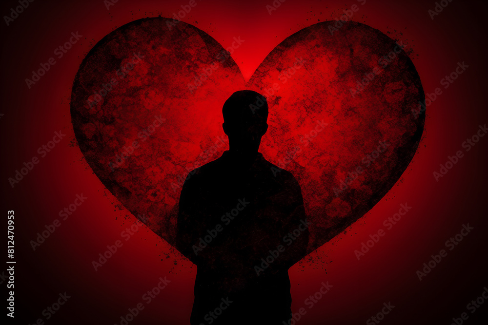 silhouette of a person in a heart, heart red background, valentine's day,