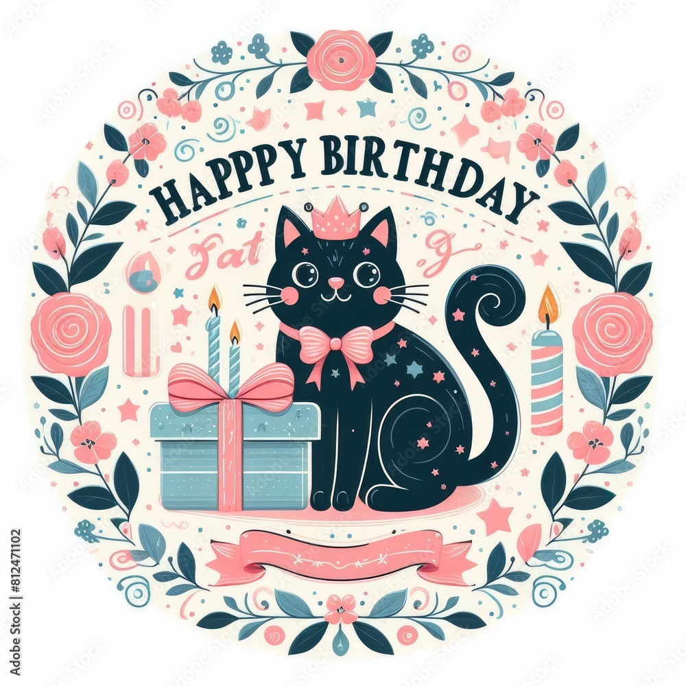 Fototapeta premium A cat with a crown and a gift and flowers around it realistic photo lively has illustrative meaning illustrator.