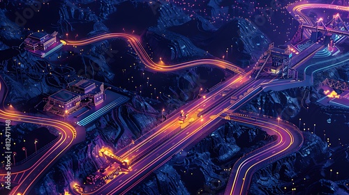 A neon cityscape with a highway in the middle
