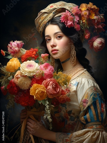 A woman in 19thcentury garb, the bouquet she holds bursting with color, set against a backdrop that suggests aged elegance. photo