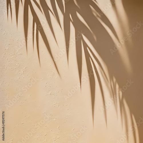  Beautiful texture of beige brown luxury, smooth stucco wall with soft foliage dappled light of tropical tree leaf shadow 