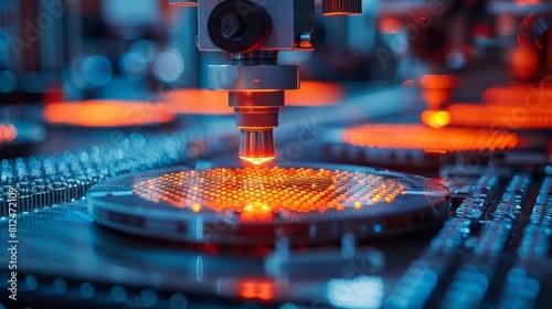 Showcase a semiconductor fabrication facility, where tiny transistors and diodes are etched onto silicon wafers using precision manufacturing techniques photo