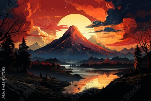Volcano flat design top view dinosaur era theme animation Split complementary color scheme