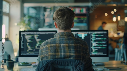  a group man of developers with monitors showing lines of code in the office