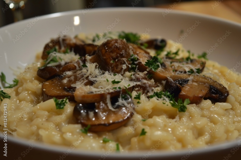 A bowl of creamy risotto with mushrooms, parmesan cheese, and fresh herbs A bowl of creamy risotto with mushrooms, parmesan cheese, and fresh herbs