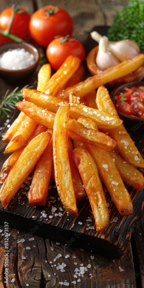 Crispy French fries served on a rustic wooden board a popular fast food dish Crispy French fries served on a rustic wooden board a popular fast food dish