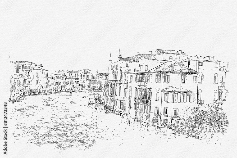 Pencil srawing skecth picture landscape view of Venice landmark of Italy.