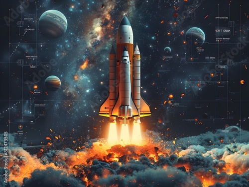 Powerful Rocket Launch into Vibrant Galactic Landscape with Planetary Bodies