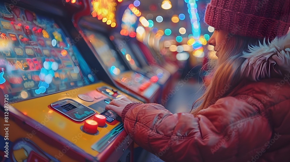 Fototapeta premium Young Woman Captivated by Retro Arcade Game Lights and Controls