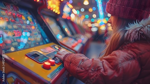 Young Woman Captivated by Retro Arcade Game Lights and Controls photo