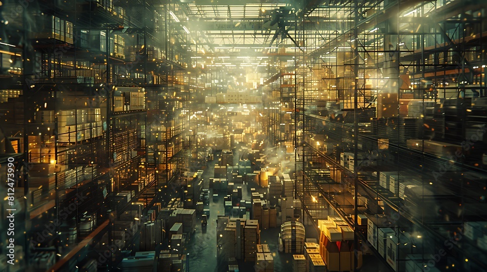 A warehouse with many boxes stacked on top of each other