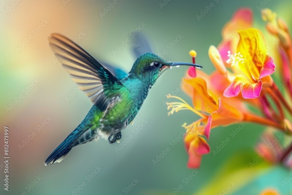 Obraz premium A close-up of a vibrant hummingbird feeding on nectar from a tropical flower