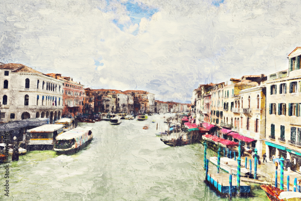 Obraz premium Impasto oil painting landscape view of Venice famous city at Italy.Venezia Italy.