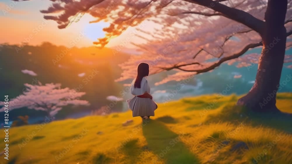 A woman in traditional Japanese clothing sits beneath a blooming cherry blossom tree, gazing at a breathtaking sunrise over a valley. A woman in traditional Japanese clothing sits beneath a blooming cherry blossom tree, gazing at a breathtaking sunrise over a valley.