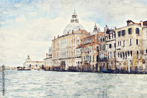 Impasto oil painting landscape view of Venice famous city at Italy.Venezia Italy.
