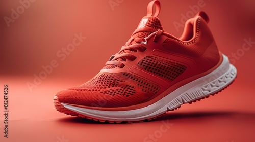 A vibrant and eye-catching athletic shoe mockup on a solid red background, capturing its bold colors and sporty design, all presented in HD to showcase its performance-driven and energetic appeal