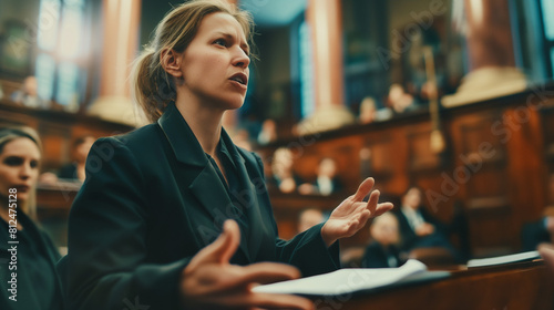 Female lawyer speaking during a trial in a courtroom photo