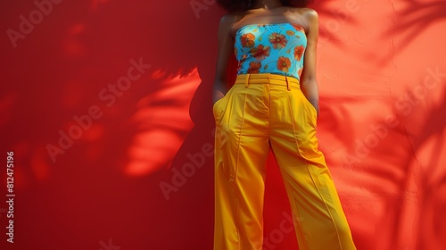 A vibrant and eye-catching printed pant mockup on a solid red background, capturing its bold pattern and wide-leg design, all presented in HD to showcase its fashion-forward and expressive nature © Pareshy