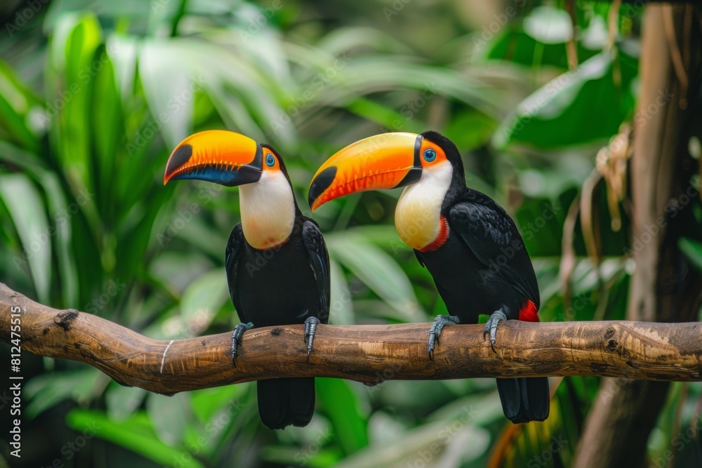 A pair of exotic toucans perched on a branch, their vibrant feathers shining A pair of exotic toucans perched on a branch, their vibrant feathers shining