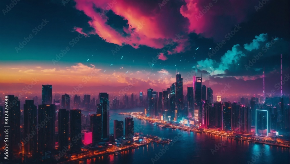 Abstract retrowave city pop style, Clouds and sky in cyberpunk artistry.