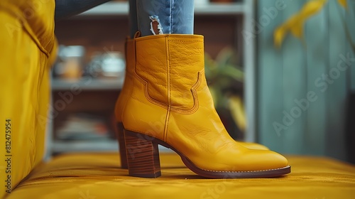 A vintage-inspired and retro ankle boot mockup on a solid yellow background, showcasing its distressed finish and stacked heel, all presented in HD to evoke a sense of nostalgia and classic style