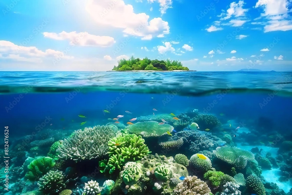 Glimpse of Paradise: Split View of a Tropical Island and Coral Reef Above and Below the Waterline