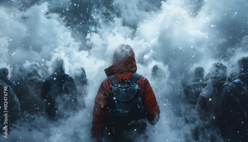 An intense portrayal of a protest against deforestation  with participants breaths visualizing as smoke in the cold air