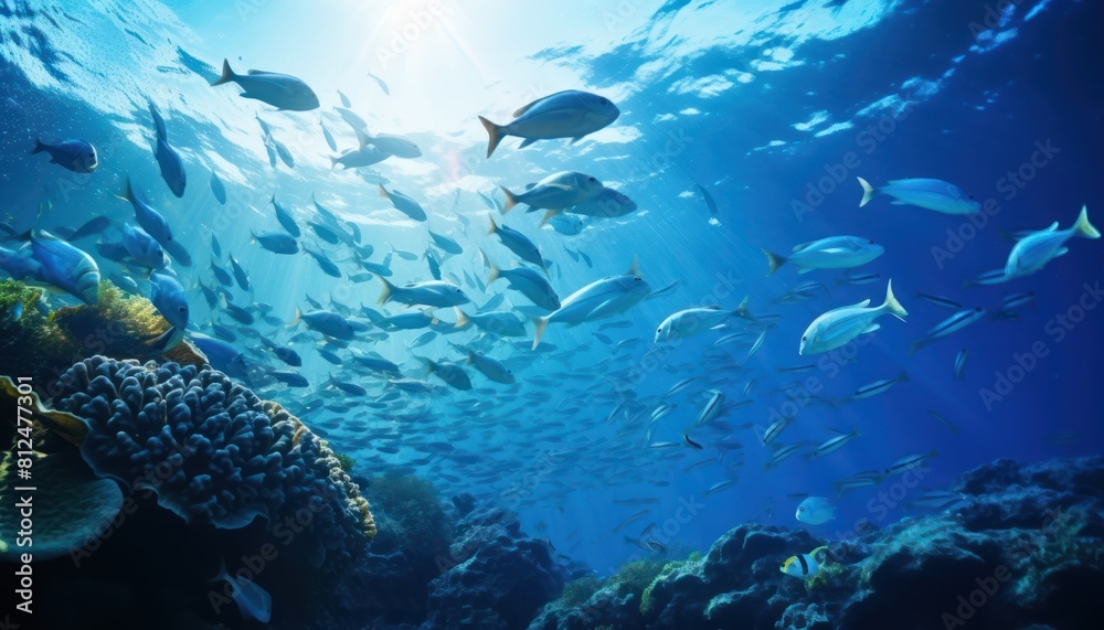 Groups of giant Tuna fish in the underwater, coral reef, amazing underwater life, various fish and exotic coral reefs, ocean wild creatures background Groups of giant Tuna fish in the underwater, coral reef, amazing underwater life, various fish and exotic coral reefs, ocean wild creatures background