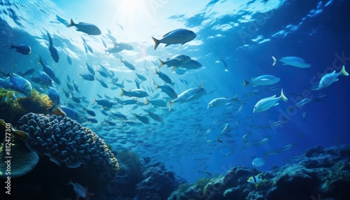 Groups of giant Tuna fish in the underwater, coral reef, amazing underwater life, various fish and exotic coral reefs, ocean wild creatures background