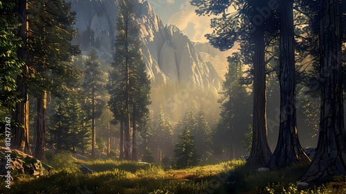 An idyllic forest glade bathed in dappled sunlight, with towering trees creating a canopy overhead and rugged mountains towering in the distance, creating a scene of natural tranquility and beauty photo