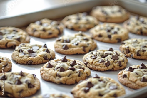 A tray of freshly baked chocolate chip cookies, still warm from the oven