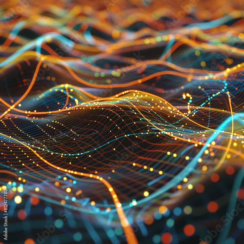 An abstract scene of digital nodes connected by vibrant ochre and cyan lines in a virtual network. photo