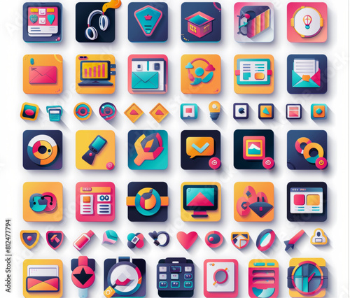 UI flat style vector icon set of file types and colors, PNG file format with white background, large set of colorful icon sticker sheet for graphic design software icons such as tiff, photo
