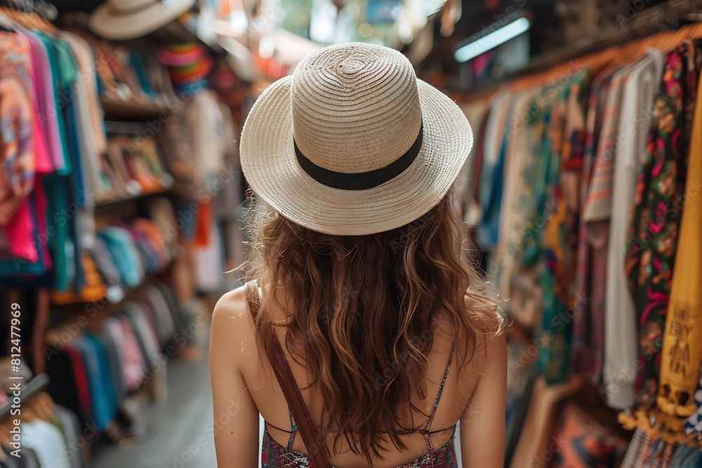 back view of Woman shopping wearing hat