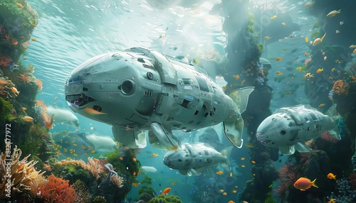 An underwater scene showing robotic fish cleaning ocean pollution and restoring coral reefs with nanotechnology