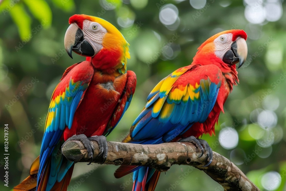 Vibrant macaws perched on tree branches in the rainforest Vibrant macaws perched on tree branches in the rainforest