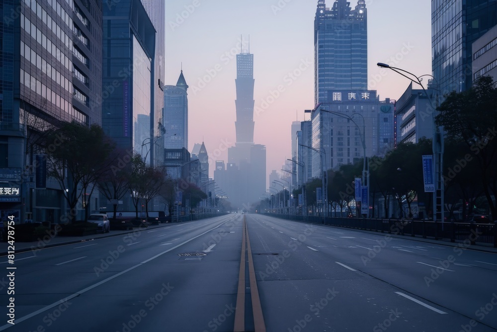Empty streets and towering structures at daybreak Empty streets and towering structures at daybreak