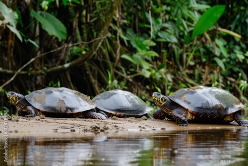 Giant river turtles sunbathing on the banks of the Amazon River photo