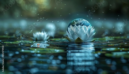 Earth cradled in the heart of a blooming lotus flower on a serene pond photo