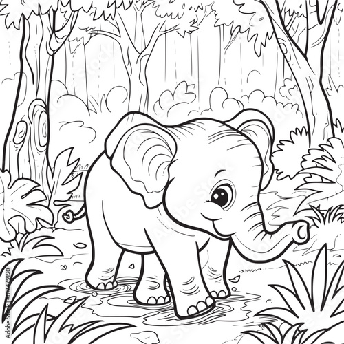 Black and White Cartoon Illustration of Elephant Animal Coloring page for kids and adults. Print design, t-shirt design, tattoo design, mural art, line art.