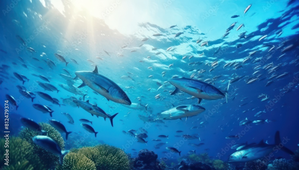 Fototapeta premium Groups of giant Tuna fish in the underwater, coral reef, amazing underwater life, various fish and exotic coral reefs, ocean wild creatures background