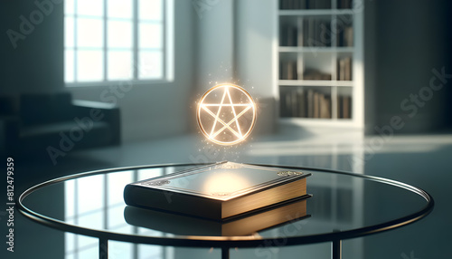 a magical book in a mystical library setting, surrounded by glowing symbols and light. The atmosphere captured in the image enhances the magical theme. photo