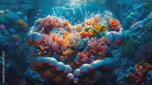 Earth held by hands made of colorful coral reefs, emphasizing marine conservation photo