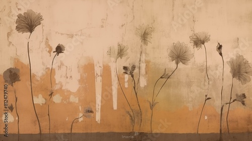 Abstract Floral Silhouettes Against a Sepia-Toned Urban Skyline. photo