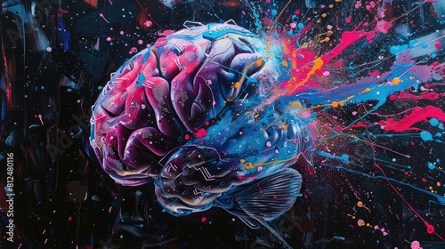 Brain with circuits intertwined with paint splatters  Suggests that AI draws from both logic and creativity. realistic hyperrealistiC