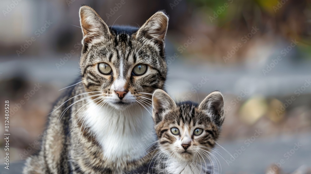 A young cat and a mother cat with black and white stripes