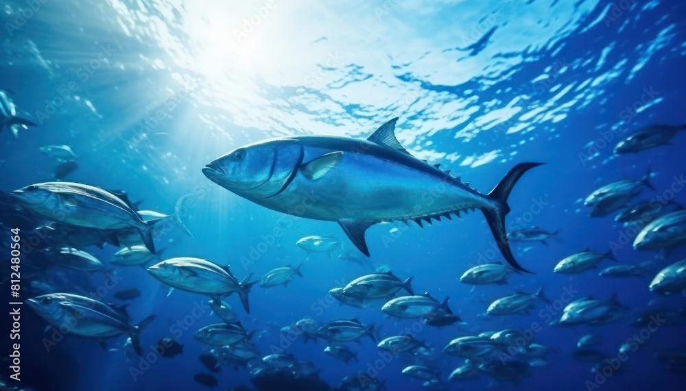 Fototapeta premium Groups of giant Tuna fish in the underwater, coral reef, amazing underwater life, various fish and exotic coral reefs, ocean wild creatures background