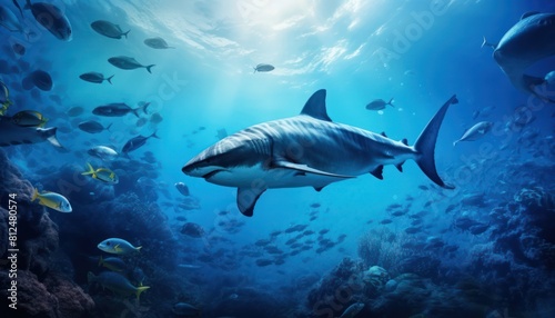 Groups of giant Tuna fish in the underwater, coral reef, amazing underwater life, various fish and exotic coral reefs, ocean wild creatures background